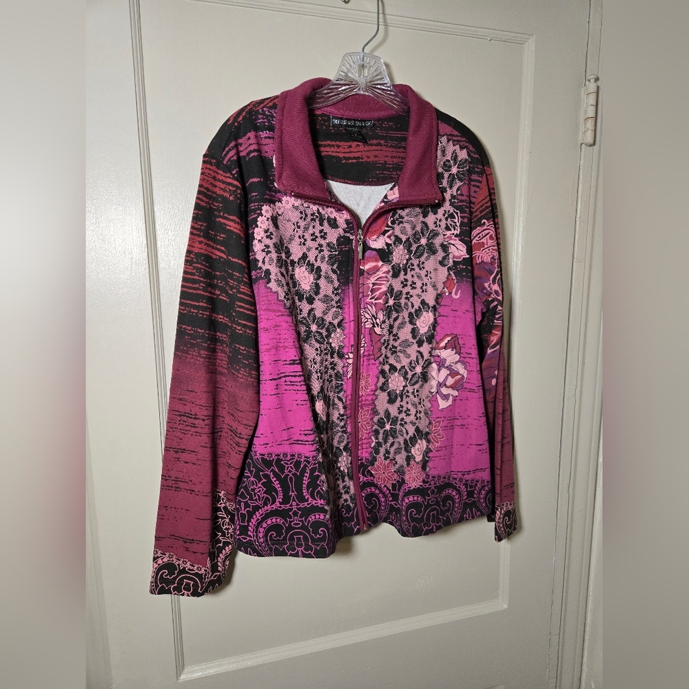 Pink and Black Floral Zip-Up Jacket